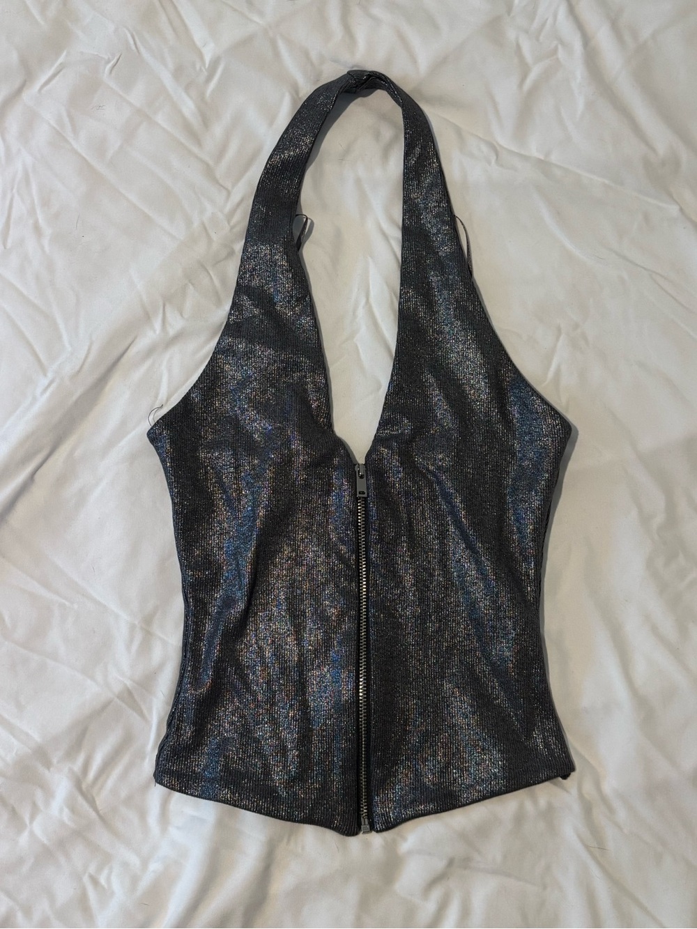 Zara Black Shimmer Halter Zip-Up Tank